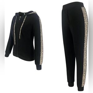Black & Leopard Zip Up Jacket & Pants Set